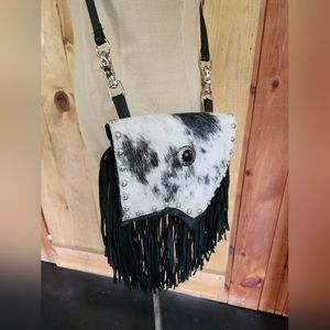 Black fringe cowhide crossbody purse